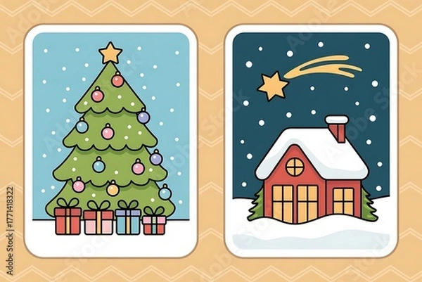 Obraz A festive holiday greeting card features a decorated Christmas tree with gifts and a snowy cottage under a starry sky.