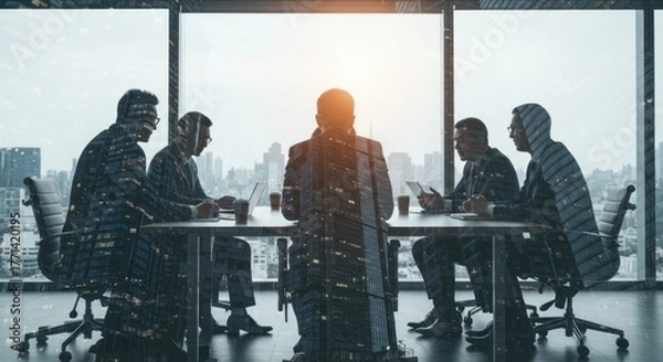 Fototapeta People sit at a table in a meeting room with large windows.