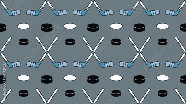 Fototapeta A repeating pattern of hockey sticks and pucks on a gray background sports themed design artwork illustration