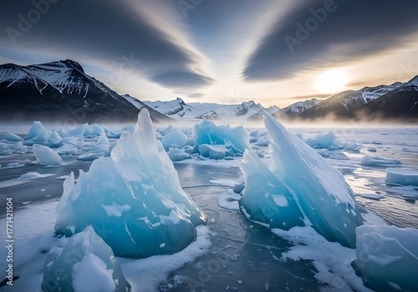 Fototapeta Majestic arctic landscape with dramatic sunbeams illuminating icy formations and snow-capped mountains