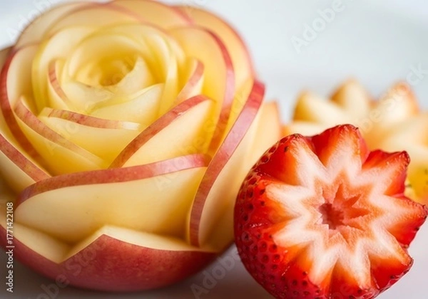 Obraz Intricately carved apple rose and strawberry flower art displayed for culinary presentation