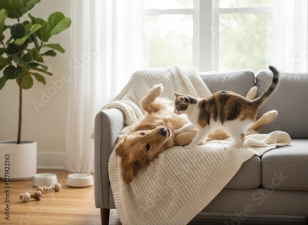 Obraz Golden Retriever dog playing with Calico cat on a gray couch with a cream colored knitted blanket.