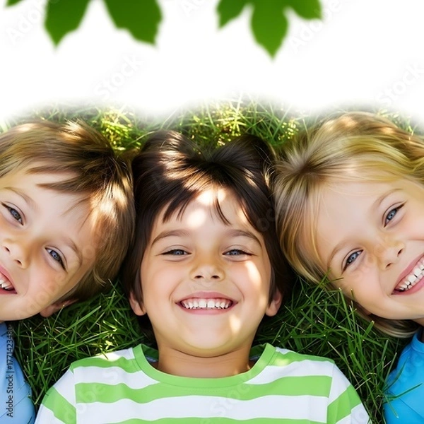 Obraz Joyful children lying together in grass smiling during sunny outdoor day