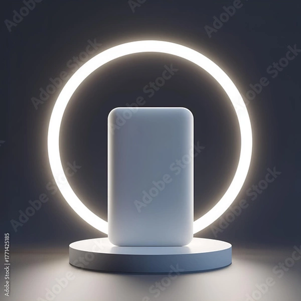 Fototapeta White Product Mockup on Podium with Neon Ring Light