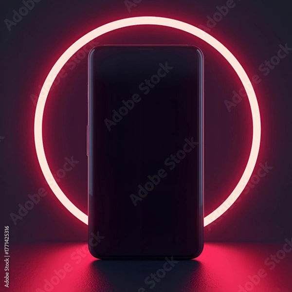 Fototapeta Smartphone Mockup with Blank Screen and Red Neon Light