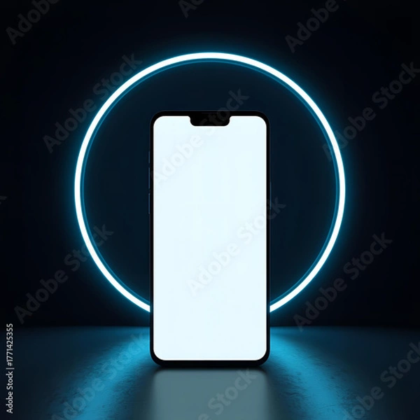 Fototapeta Smartphone Mockup with White Blank Screen and Blue Neon Light