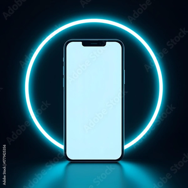 Fototapeta Smartphone Mockup with Blank Screen and Cyan Neon Light