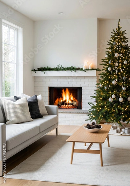Obraz Modern living room interior with Christmas tree and fireplace. Cozy Scandinavian winter home decorated for holidays with minimalist festive design and warm atmosphere.