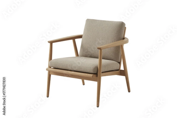 Fototapeta A modern light wood armchair with beige fabric cushions, featuring a minimalist design suitable for contemporary living spaces and comfort. background removed