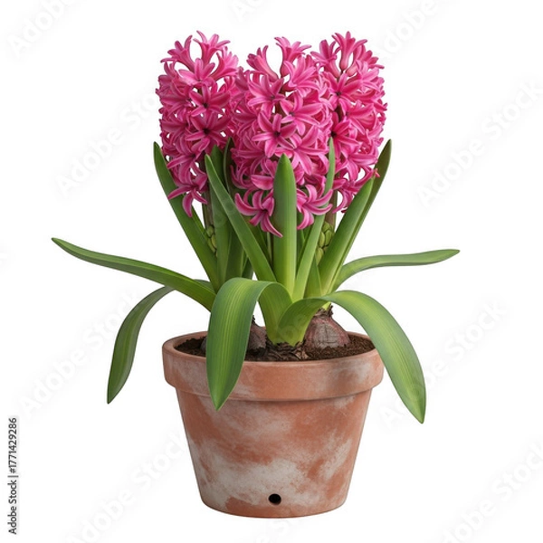 Fototapeta Vibrant pink hyacinth flower blooming in a rustic terracotta pot detailed close-up transparent background