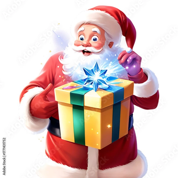 Fototapeta Santa claus holding a glowing gift isolated on black background isolated on white background isolated on transparent background