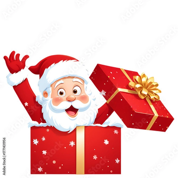 Obraz Santa claus popping out of a gift box isolated on transparent background isolated on white background
