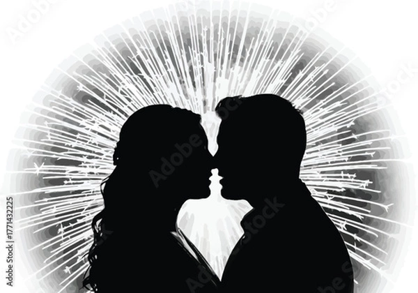 Obraz Silhouette of a couple in love kissing in front of fireworks, celebrating a special occasion with a romantic gesture