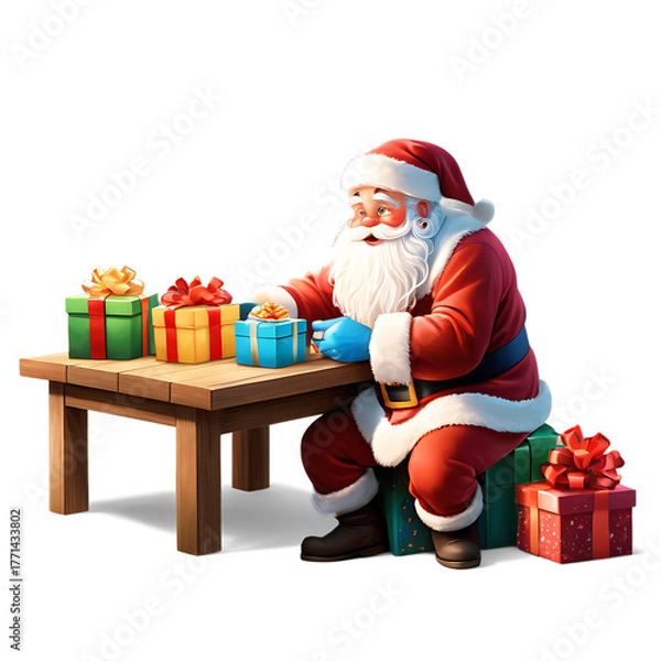 Fototapeta Santa claus preparing gifts on a wooden table isolated on transparent background isolated on white background