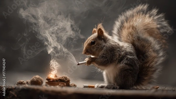 Fototapeta Trying To Start A Fire. Squirrel with Striped Tail Trying to Light Cigarette for Comedy with Smokey Background