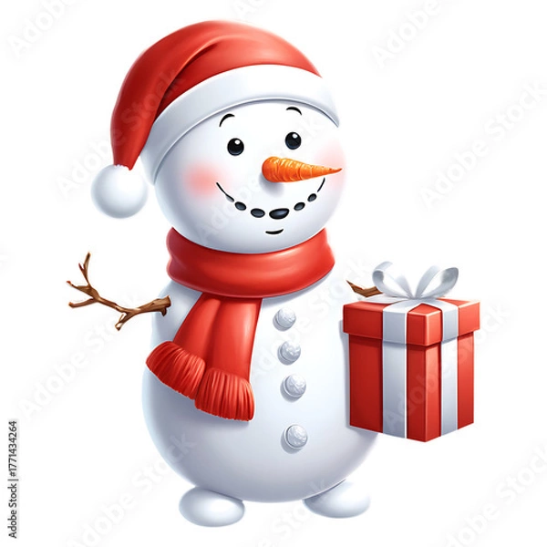 Fototapeta Cute snowman wearing a santa hat and scarf holding a gift isolated on transparent background isolated on white background
