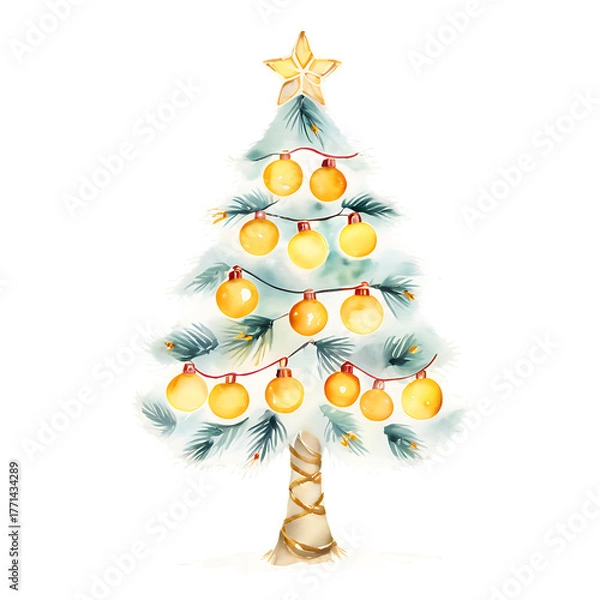 Fototapeta Watercolor christmas tree with lights and ornaments isolated on transparent background isolated on white background