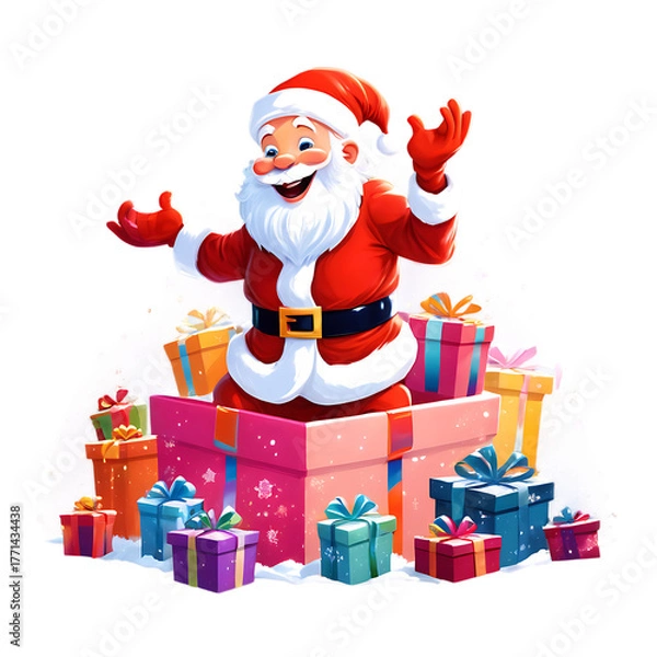 Fototapeta Happy santa claus sitting in a pile of colorful christmas presents isolated on black background isolated on white background isolated on transparent background