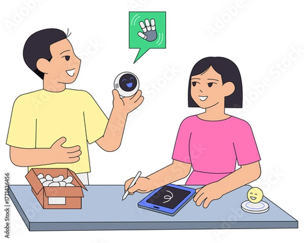 Fototapeta Introducing AI pocket companion to user, User testing of wearable AI companion device, Human-robot interaction with personal AI assistant