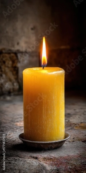 Fototapeta A warmly lit yellow candle burns brightly on a rustic surface.