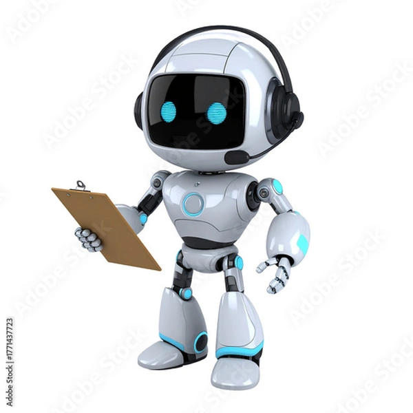 Fototapeta A Robotic Assistant with Clipboard: A friendly, modern robot with a headset and clipboard, embodying artificial intelligence and customer service.