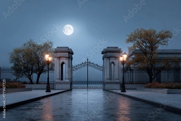 Fototapeta An ornate gate and fence illuminated by streetlights and a full moon.
