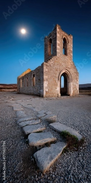 Fototapeta Atmospheric image of an old stone church ruin under a clear blue sky, illuminated by the setting sun.