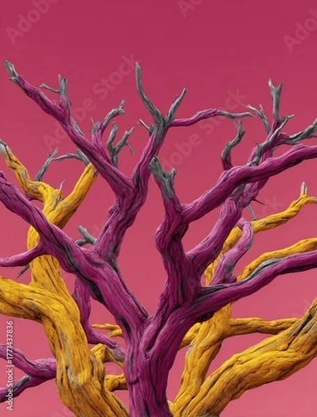 Fototapeta Close-up abstract image of intertwined bare tree branches, painted in vivid yellow, pink, and grey hues, set against a solid red background.