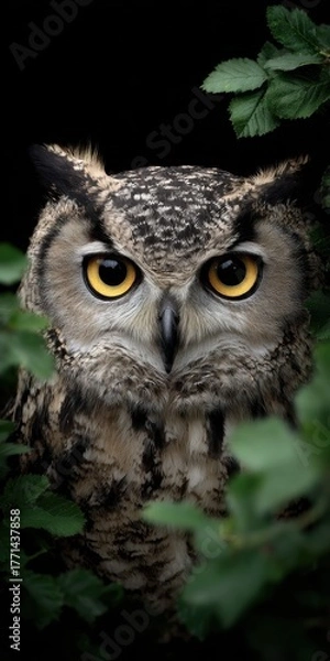 Fototapeta Close-up portrait of a majestic eagle owl with striking yellow eyes, peering intently from behind lush green foliage against a dark background.