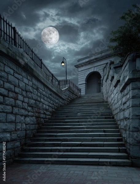 Fototapeta Mysterious stone staircase lit by a single lamp under a full moon.