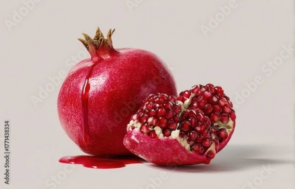 Fototapeta Studio shot of a whole, vibrant red pomegranate and a section revealing juicy seeds.