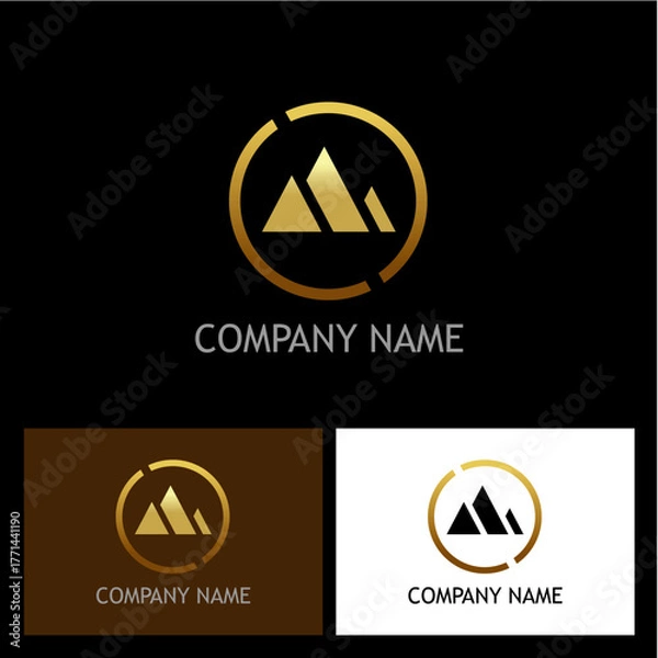 Fototapeta Elegant Triangles in Golden Circle Logo Mockup showcases a modern design with geometric mountains emblem, ideal for creative branding and innovative corporate identity design