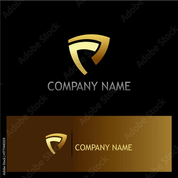 Fototapeta Elegant Gold Shield Logo Design with Customizable Company Name Displayed on Black and Gold Background, Suitable for Corporate Identity and Branding Applications