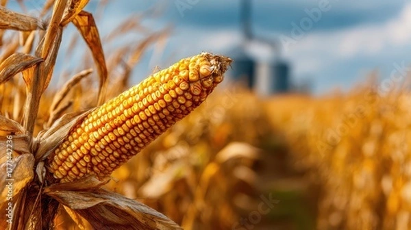 Fototapeta Wind Damaged Corn. Closeup of Ripe Yellow Corn Crop in Farmer Field