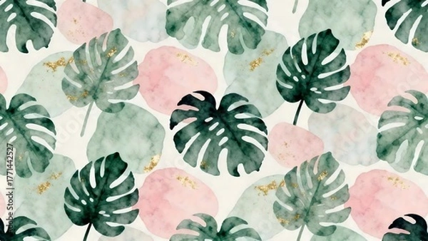 Obraz Seamless tropical leaves pattern pastel sage blush gold foil texture