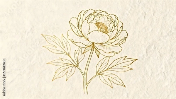 Obraz Minimalist floral line art featuring peony and leaves drawn in single stroke gold ink on textured paper. Elegant fine-art poster perfect for interior decor or branding