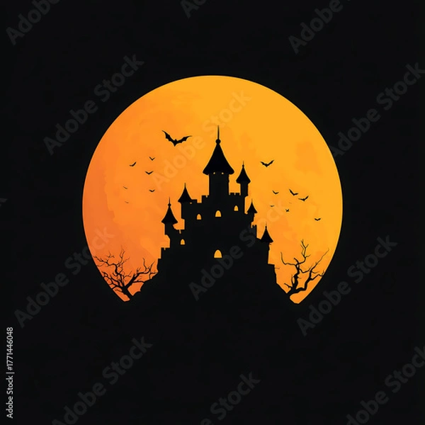 Fototapeta Creepy castle silhouette vector with full moon and flying bats clean flat illustration suitable for seasonal branding 