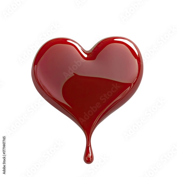 Fototapeta A realistic glossy red heart shape with a drop of liquid dripping down isolated on transparent background