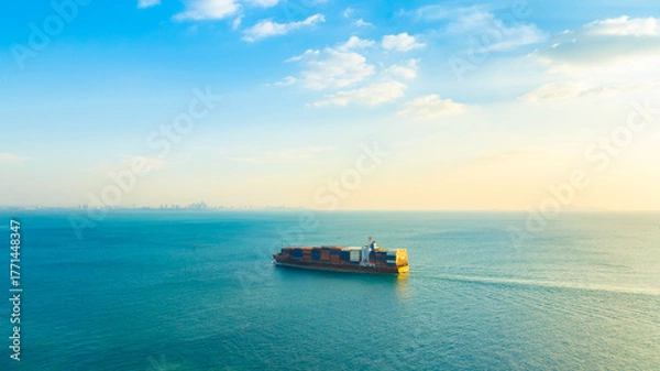 Fototapeta Aerial view of the freight shipping transport system cargo ship container. international transportation Export-import business, logistics, transportation industry concepts	