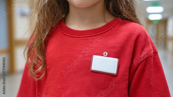 Obraz Child with blank name tag in school hallway.