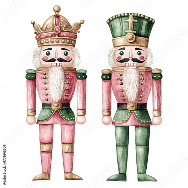 Obraz Two traditional wooden nutcracker figures with ornate crowns and uniforms isolated on transparent background
