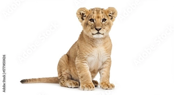 Obraz Adorable Lion Cub Sitting and Looking Directly at the Camera with White Background.