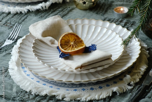 Obraz Christmas dinner table setting. Winter themed table decor.