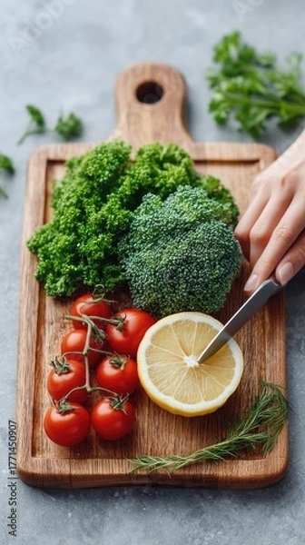 Fototapeta Overhead View Of Fresh Green Vegetables And Red Cherry Tomatoes Arranged On A Wooden Cutting Board A Person Slices A Yellow Lemon With A Knife On A Textured Gray Surface