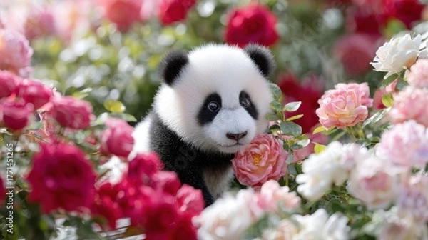 Fototapeta ultra realistic photo of baby panda cub playing in rose garden, surrounded by blooming red and white roses, soft daylight, , real photography