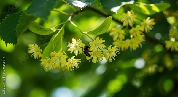 Obraz Bee pollinating linden tree flowers in bright sunlight against green bokeh background.