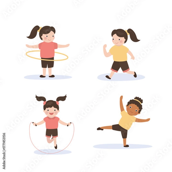 Obraz Strong girl doing sports exercises. Cute child in different poses. Set of physical exercises for children. Female character jogging, jumping rope, spin a hula hoop.