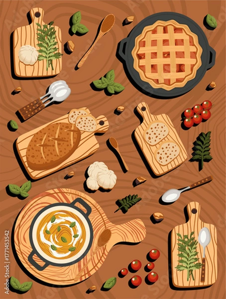 Fototapeta Thanksgiving food vector illustration featuring pie, soup, bread, spices, tomatoes, and kitchen tools in a warm festive style.