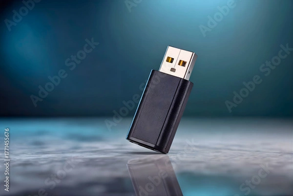 Obraz A black USB flash drive stands upright on a reflective surface with a blurred blue background, highlighting its compact design and connectivity 