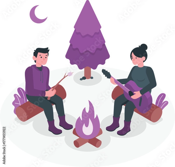 Fototapeta Couple roasting marshmallows and playing guitar by campfire camping music